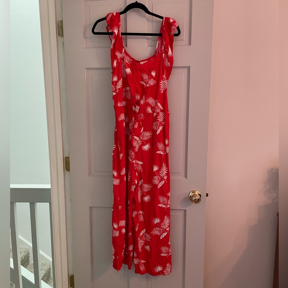 Euc St John’s Bay red tropical leaves printed jumpsuit
